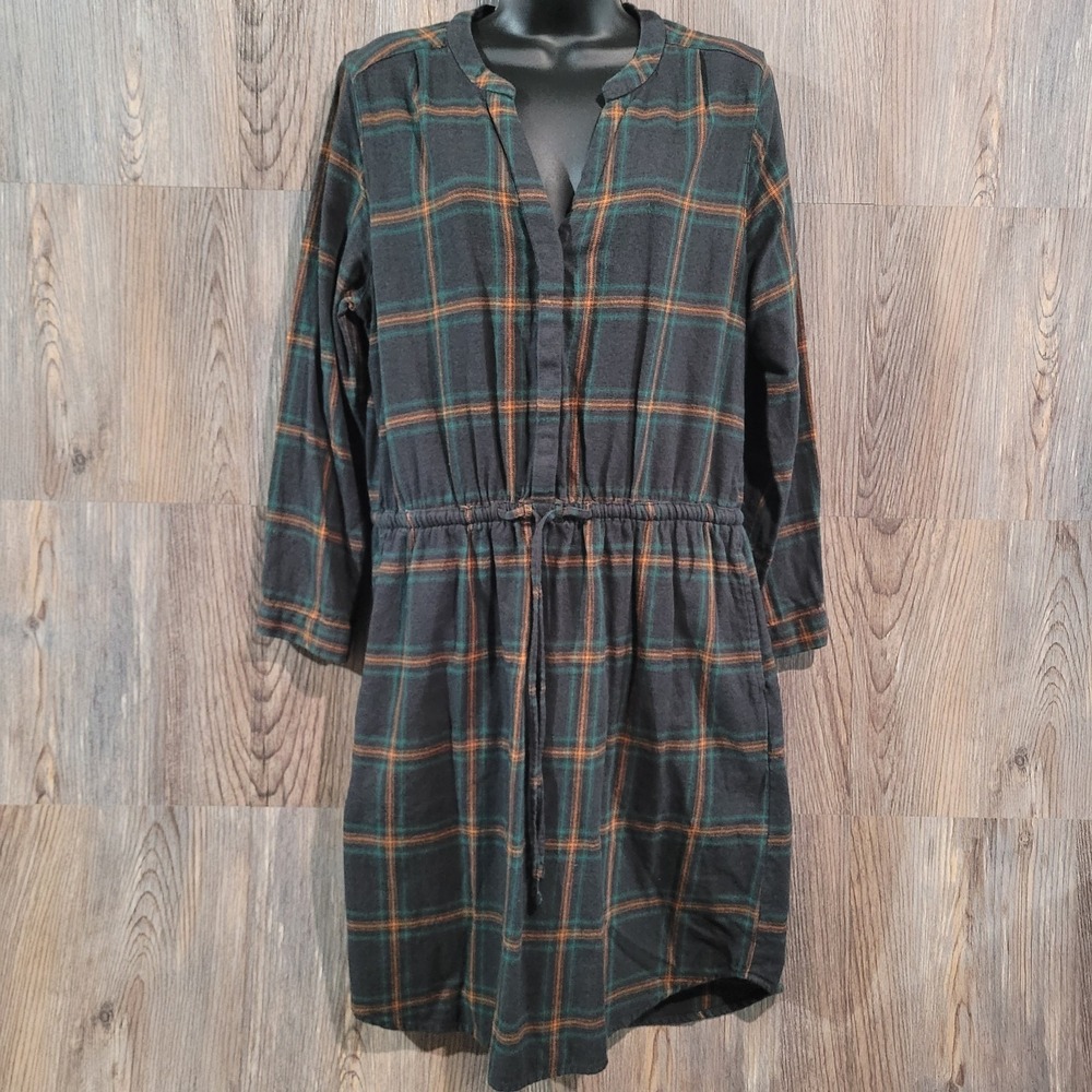 prAna Flannel Dress Size M Dark Iron Plaid V-Neck Tie-Waist Long Slv Fall Winter